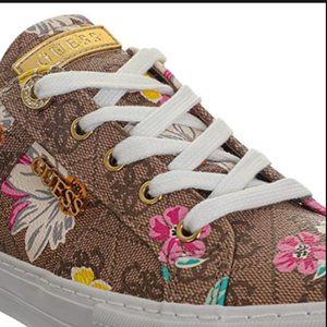 GUESS Women's 'LOVEN' sneaker, brown floral, PU leather size 8M